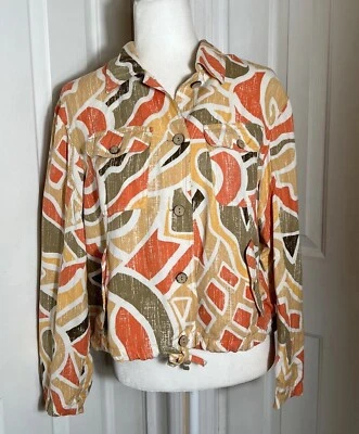 Ruby Rd. Womens Boho Abstract Print Jacket Size 14 Tan Olive Retro Button Front - Image 1 of 4