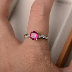 Pink Ruby Unique Ring Round Lab Created Gemstone 925 Sterling Silver Women Ring - Picture 1 of 5