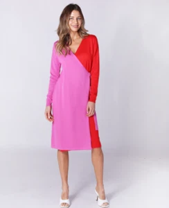 Nina Leonard Long-Sleeve Colourblock long sleeve Faux Wrap Dress small new QVC - Picture 1 of 3