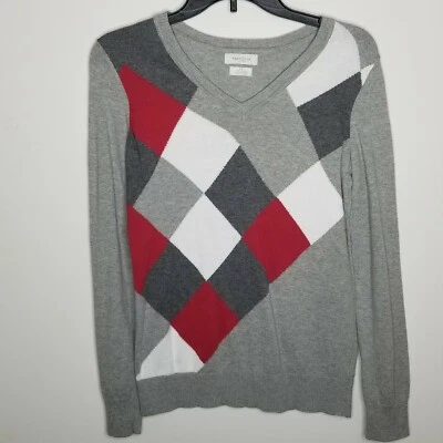 Suéter Argyle Van Heusen para mujer cuello en V talla S gris rojo blanco L/S Foto 1 de 4