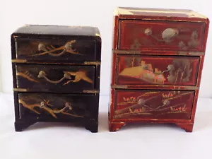 Cajón de colección 2 cajones de caja de joyería de laca roja negra japonesa * Reparación LEER - Imagen 1 de 13
