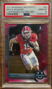 2021 2022 1st Bowman University Chrome Pink Refractor Brock Bowers RC #83 PSA 10