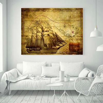 Huge Large Poster Thin Canvas Wall Vintage War Ship Pirate Treasure Map Sailboat - Image 1 of 4