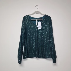 Long Tall Sally Sequin Top UK 16 Blouse Teal Green Long Puffy Sleeves - Picture 1 of 11