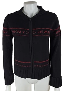 NWT - DKNY Jeans Womens Wool Zip Hooded Cardigan Spell Out Sweater Sz Medium - Picture 1 of 4