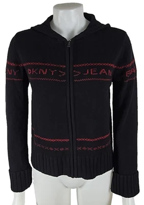 NWT - DKNY Jeans Womens Wool Zip Hooded Cardigan Spell Out Sweater Sz Medium - Image 1 of 4
