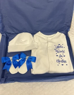 Newborn baby Boy coming Home Outfit sleepsuit Hat Mitts Any Name Personalised - Image 1 of 4