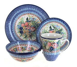 Blue Rose Polish Pottery Hummingbird 4 Piece Place Setting - Service for 1 - - Picture 1 of 1