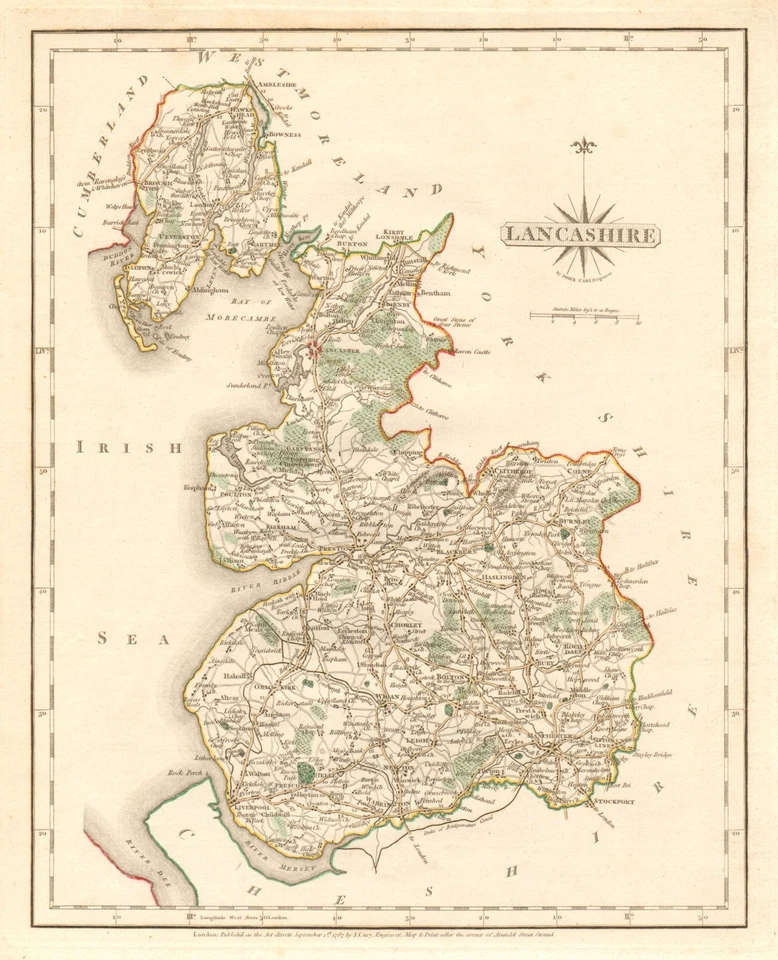 Antique county map of LANCASHIRE by JOHN CARY. Original outline colour 1787 - Image 1 of 1