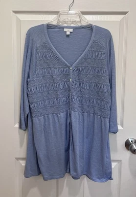 J JILL Top Smocked Front Size XL Blue Button Up V Neck Knit 3/4 Sleeve - Image 1 of 4