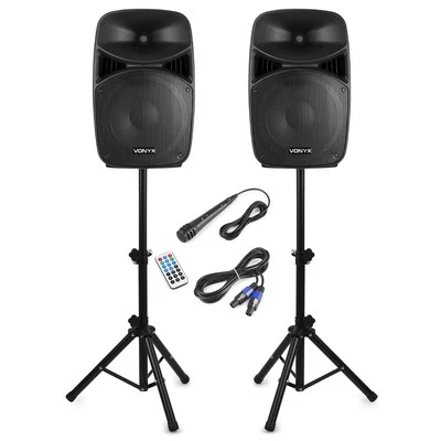 Vonyx VPS152A 15" Active PA Speakers with Bluetooth & Stands 1000W Power