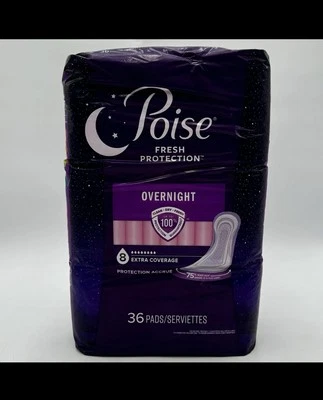 Poise Overnight Incontinence Pads for Women, 8 Drop Extra Coverage, 36 Count