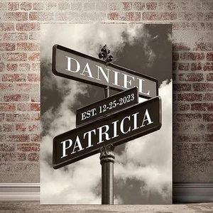 Personalized Canvas Wall Art, Lovers Crossroads Street Sign Custom Art Couple's - Picture 1 of 6