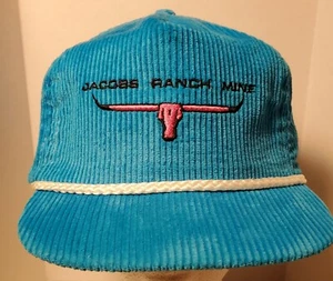 VTG Jacobs Ranch Mine Longhorn Hat Imperial Headwear Blue Corduroy USA Strap - Afbeelding 1 van 6