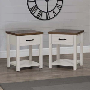 Hillsdale Lancaster Farmhouse Oak Top 1 Drawer Nightstand Set of 2 Ivory Durable - Picture 1 of 6