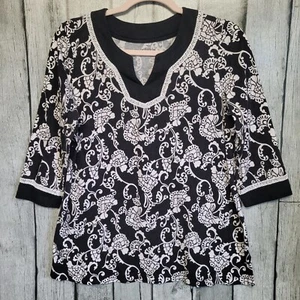 Croft & Barrow Top Damen PL schwarz-weiß geblümt 3/4 Arm Shirt Oberteil - Bild 1 von 9