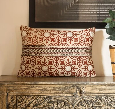Handmade 16x24 Inch Block Print Cushion Cover - Boho Rustic Decorative Pillow - Image 1 of 4