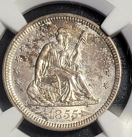 1855 Liberty Seated Quarter, Arrows, NGC AU58 Cover
