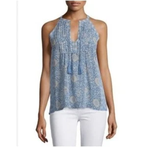 Joie Blue Floral Print Halter Neck Tassel Tie Smocked Waist Tank Top XS - Picture 1 of 7