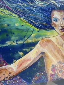 Original Jen Callahan Meerjungfrau Acryl Gemälde Leinwand 10 x 10 signiert Sammlung - Bild 1 von 12