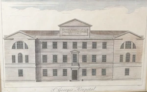 St. Georges Hospital handkolorierter Kupferstich 1750er von William Henry Toms - Bild 1 von 8