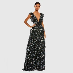 NWT Mac Duggal Black Multicolor Ruffled Floral Print Cap Sleeve Gown Size 6 - Picture 1 of 16