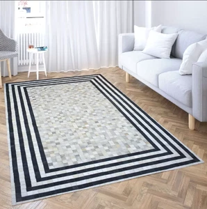 Hand Made Natural Cowhide Hair on Patch Work Leather Modern Carpet Room AA79 - Picture 1 of 4
