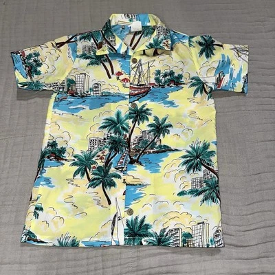 Винтажная детская гавайская рубашка на пуговицах размер 7 сделано в США вулканические лодки пальма - Изображение 1 из 4