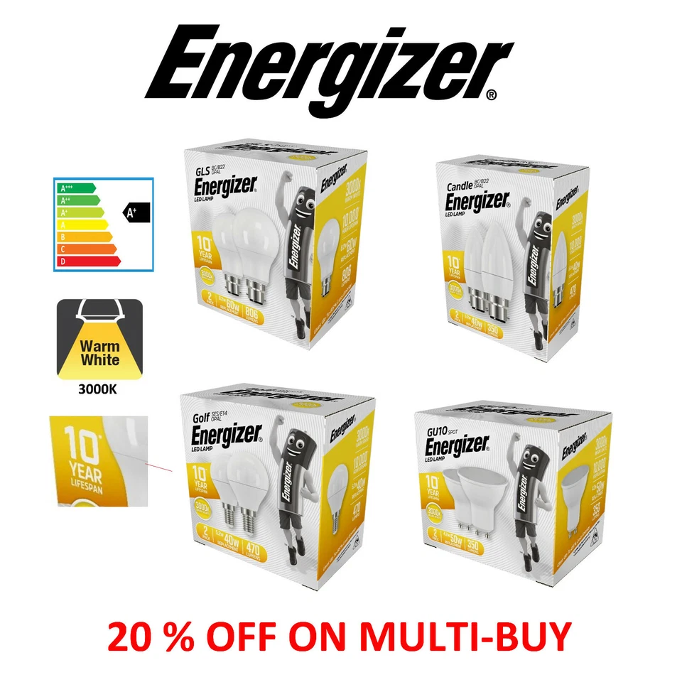 2x Energizer® LED Light Bulbs GLS Candle GU10 B22 Lamp Light Bulb Replacement UK - Image 1 of 1