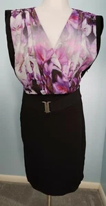 Express Floral Ruched Bodycon Cocktail Dress Size Small Belted Black Purple - Picture 1 of 12