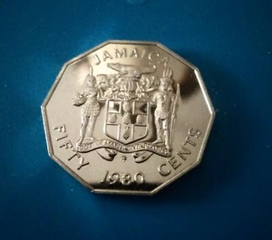 PROOF 1980 JAMAICA FIFTY CENT PIECE OCTAGONAL COIN  w Holder - Picture 1 of 8
