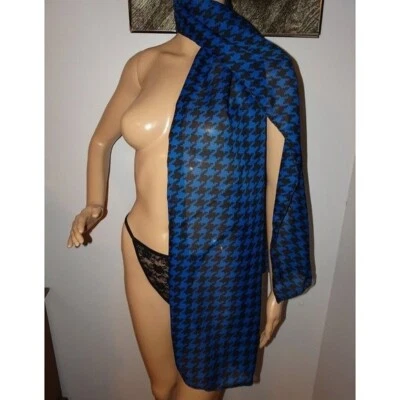 Bufanda de pata de gallo extra larga vintage azul y negra Liz Sinclair elegante con clase Foto 1 de 4