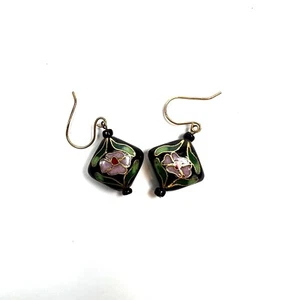 Cloisonne Chinese Japanese Enamel Flower Earrings, Vintage, Possibly Gold Fill? - Picture 1 of 4
