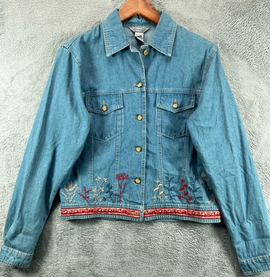 Vintage Stonebridge Womens Small Denim Jackets Embroidered Floral Blue Jean - Image 1 of 4