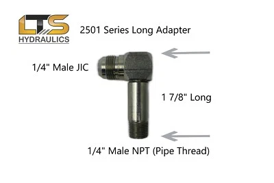 Adaptador 2501-L-04-04 1/4" macho JIC 37° x 1/4" macho tubo NPT largo 90° codo Foto 1 de 2