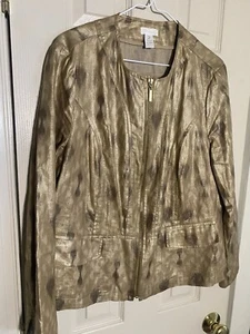 Chico’s Linen/Rayon Jacket Zip Up Gold Metallic Animal Print Womens Size 2 - Picture 1 of 5