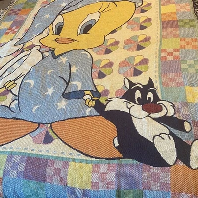 VTG 90s Baby Toddler Looney Tunes Cotton Blanket Sylvester Tweety Bird Blue Cozy - Image 1 of 4