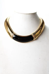Christian Dior Womens Gold Tone Crystal + Black Enamel Accent Tubogas Necklace 1 - Picture 1 of 5