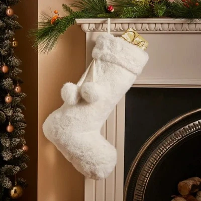 DUNELM Luxury Faux Fur Christmas Stocking 49cm Red, White or Magenta with Pom Poms