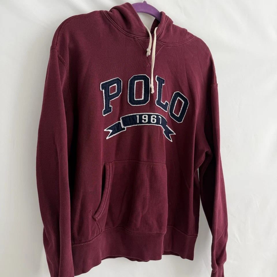 Ralph Lauren Polo 1967 Fleece Hoodie Burgundy w/Navy Felt Lettering Women size L - Image 1 of 4