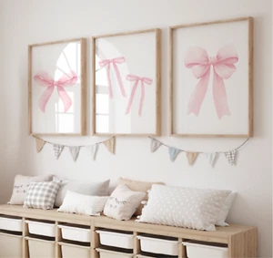 Set of 3 Girls Prints, Bow Posters, Bow Decor, Pink, Girls Bedroom Nursery A4 A3 - Picture 1 of 11