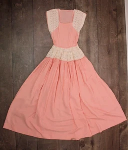 Vtg Women's 40s Pink W/ White Eyelet Lace Formal Dress 1940s XXS Ball Gown - Picture 1 of 24