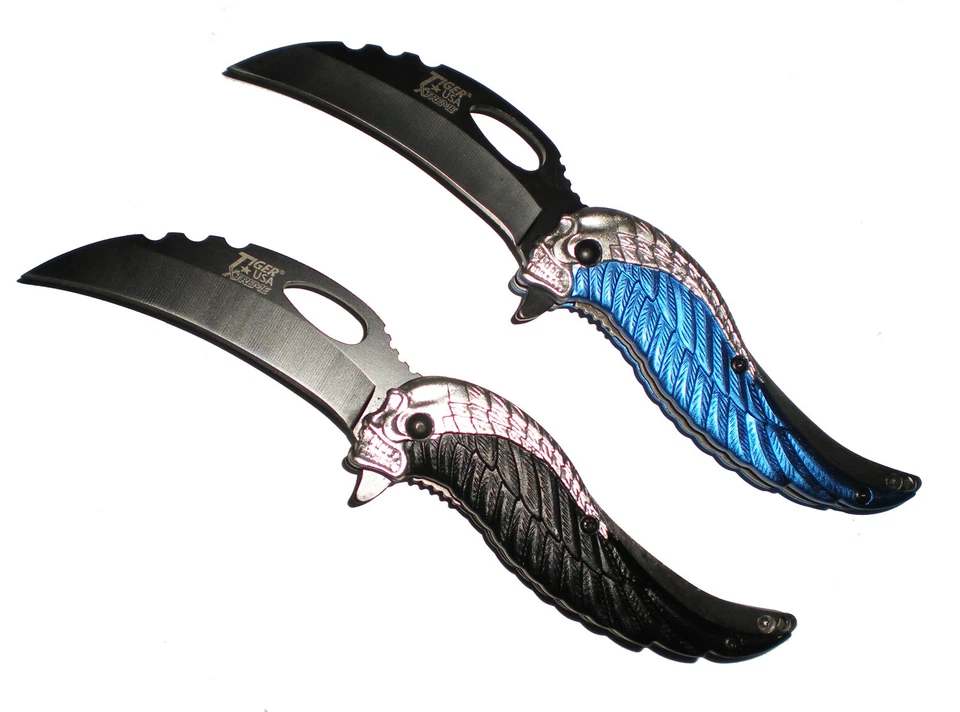 THE X BAY TWO PACK Black & Blue Skull Assisted Blade KARAMBIT CLAW Assisted Open