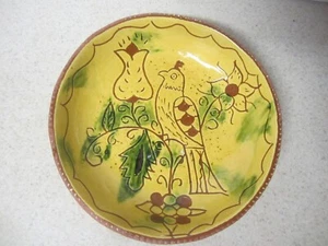 BREININGER FOLK ART PENNSYLVANNIA REDWARE POTTERY 8" BOWL   BIRD - Picture 1 of 8