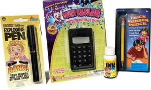 OFFICE PRACTICAL JOKE SET 4 Pranks Gag Work Gift Bang Pen Squirt Calculator Ink - Picture 1 of 13