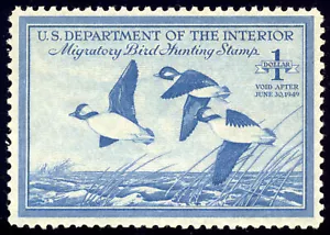 US RW15 $1 Hunting Permit Stamp 1948 Bufflehead Ducks in Flight VF NH - Picture 1 of 2