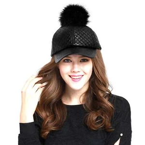 Women's Faux Leather Pompom Baseball Cap Adjustable Quilted Faux Leather Hat - Picture 1 of 30