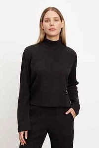 VELVET By Graham & Spencer Alec Brushed Rib Mock Neck Top Black S $150 F2 - Picture 1 of 5