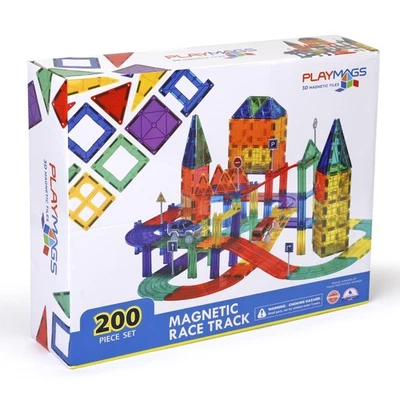 Playmags 200PC Magnetic Tiles Race Track Set with 2 LED Cars for STEM Fun Strong - Image 1 of 4