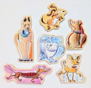 Set/6 Wooden Dog Magnets Great Dane Dachshund Sheepdog Chihuahua Beagle Mutt - Picture 1 of 2